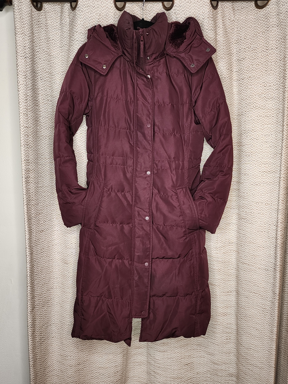 Uniqlo Women's Long Burgundy Puffer Coat with Removable Hood